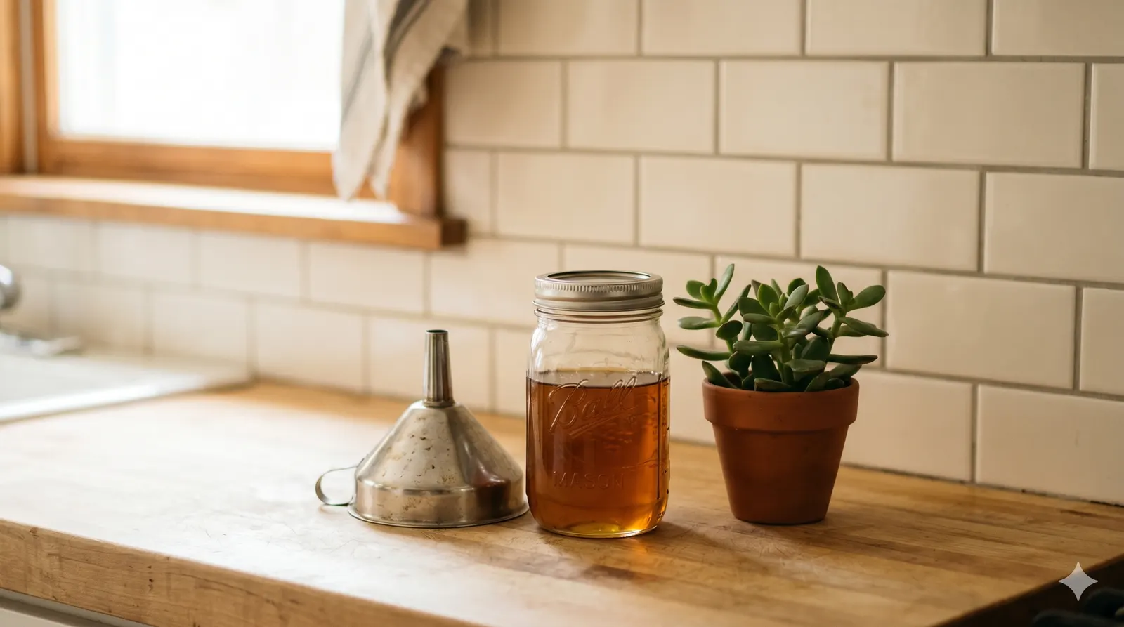 Domestic scene with jar, funnel, plant, and ceramic tiles.