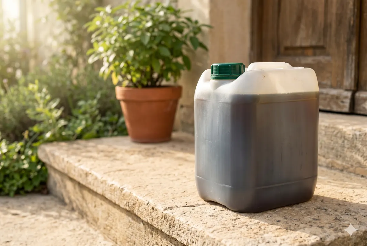 Sealed used-oil container ready for pickup on a limestone doorstep.