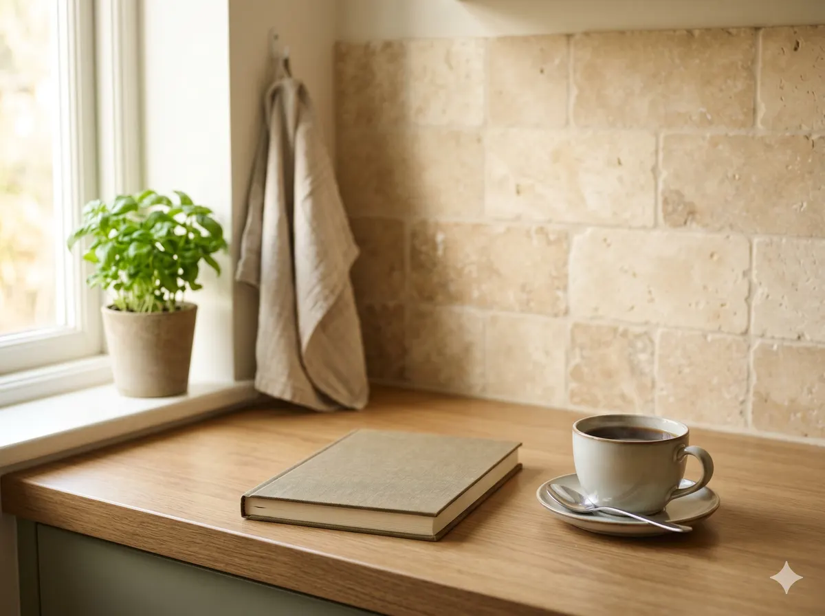 Notebook and warm drink on a calm kitchen counter for support questions.