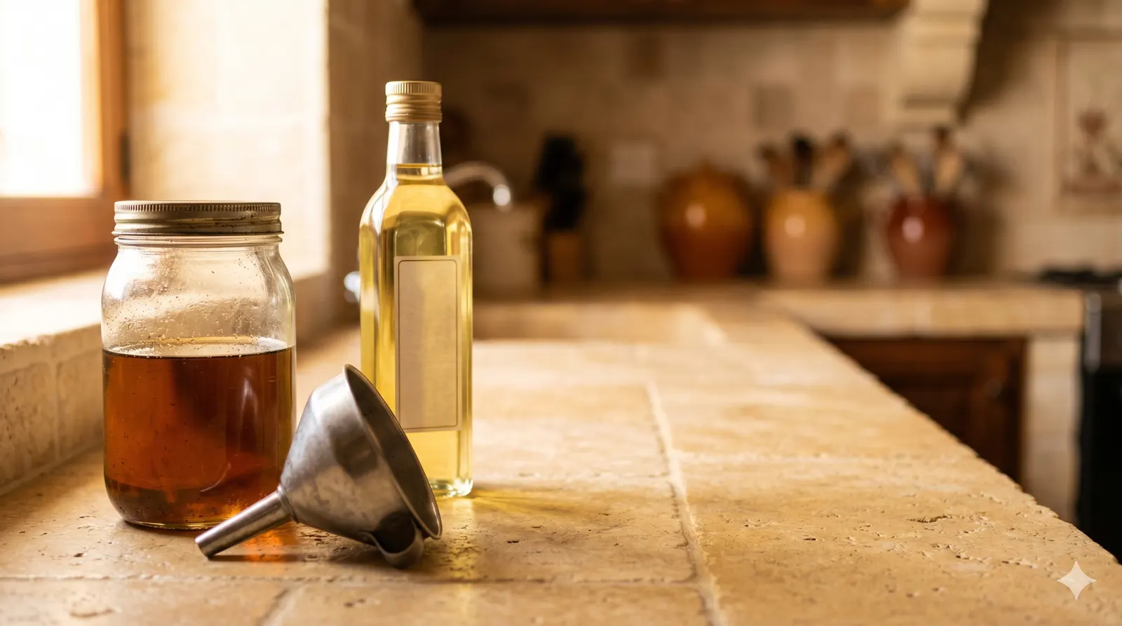 Glass jar of used cooking oil, metal funnel, and bottle of new oil on a limestone kitchen counter.