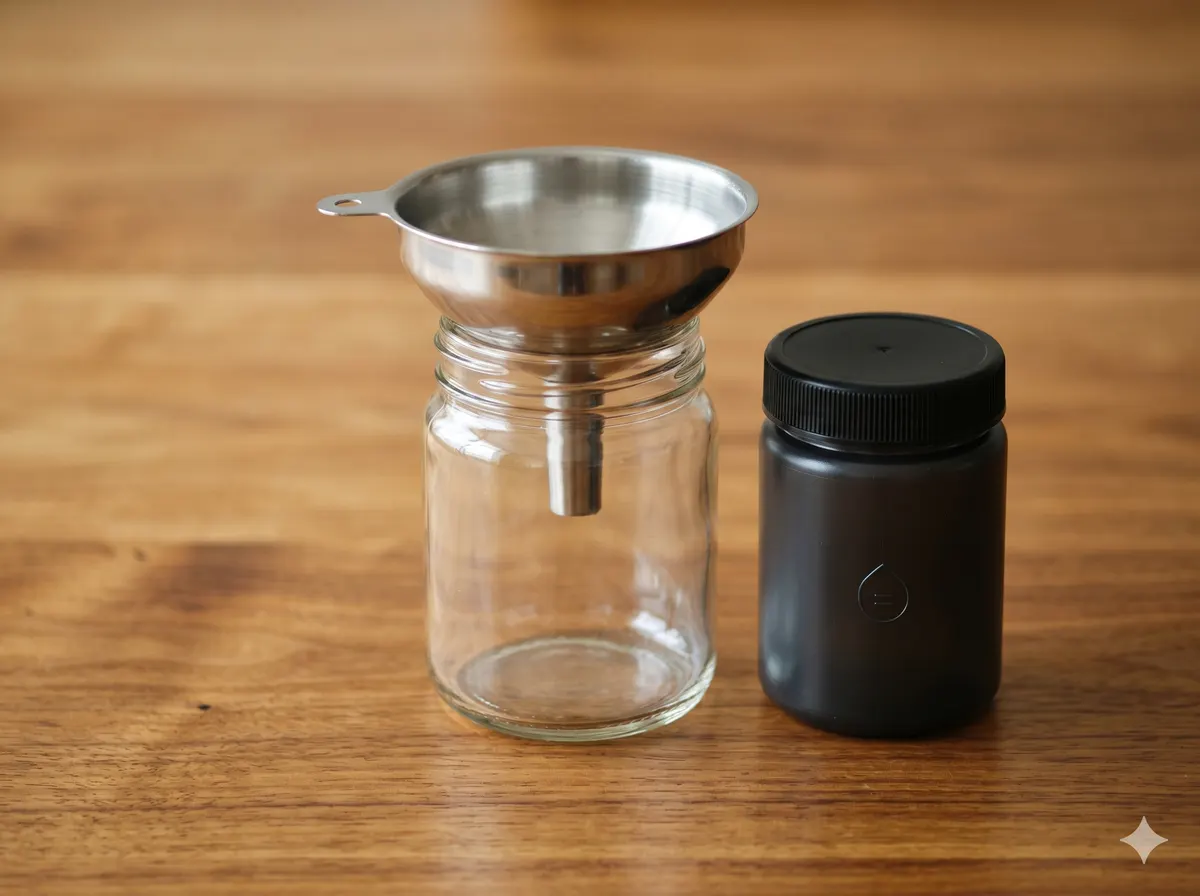 Close-up of Maltero kit with a jar, funnel, sealed container, and fresh oil bottle on a wooden surface.