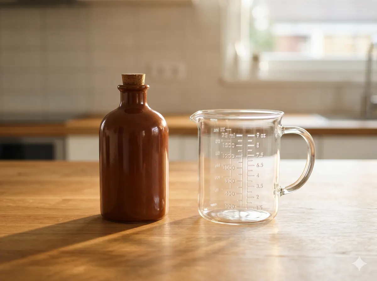 Used-oil container beside a measuring jug on a kitchen counter.