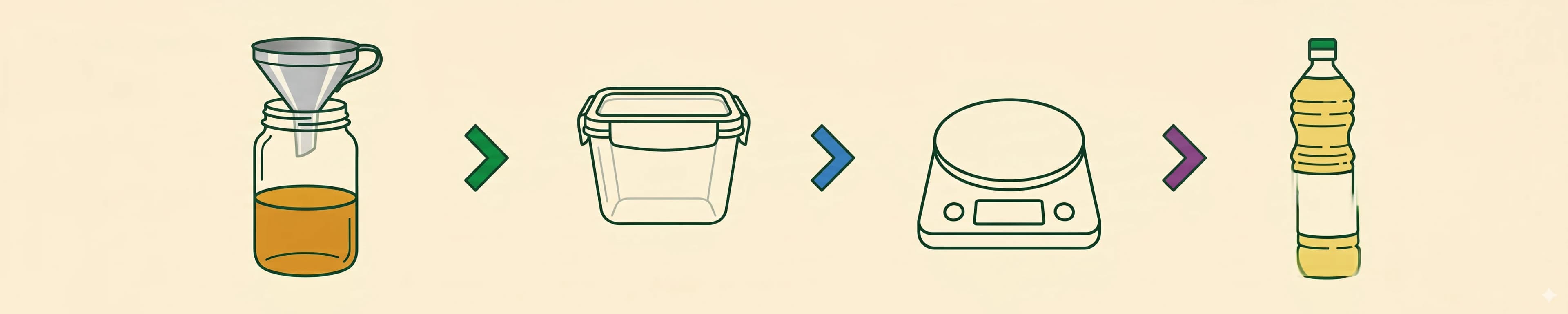 Line illustration showing four connected steps: jar of used oil, sealed container, kitchen scale, and fresh oil bottle.